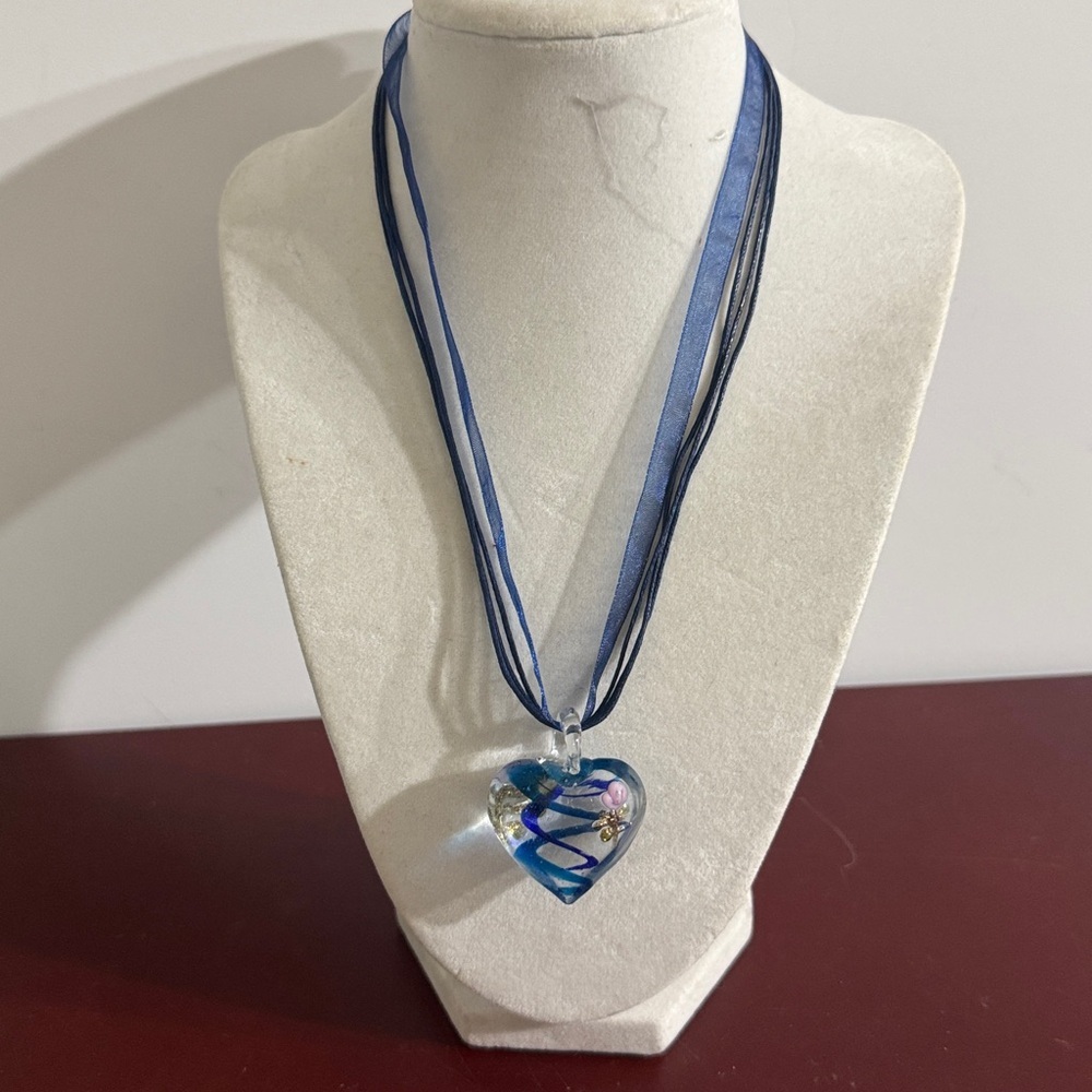 Handblown Lampwork heart-shaped Blue Heart Pendant Necklace